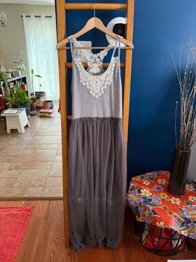 A'Reve Gray Maxi Dress with Cream Lace Yoke Sz M